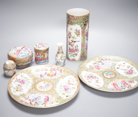 A group of 19th century Chinese canton wares including a sleeve vase, boxes, dishes etc.